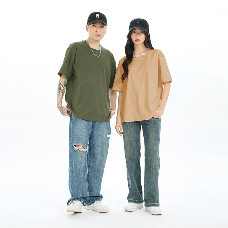 重磅新疆纯棉圆领宽松厚实美式复古纯白色小领口短袖t恤男女