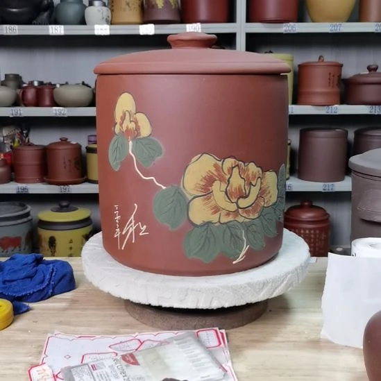 梦***缘紫砂茶叶罐清水红泥手绘081