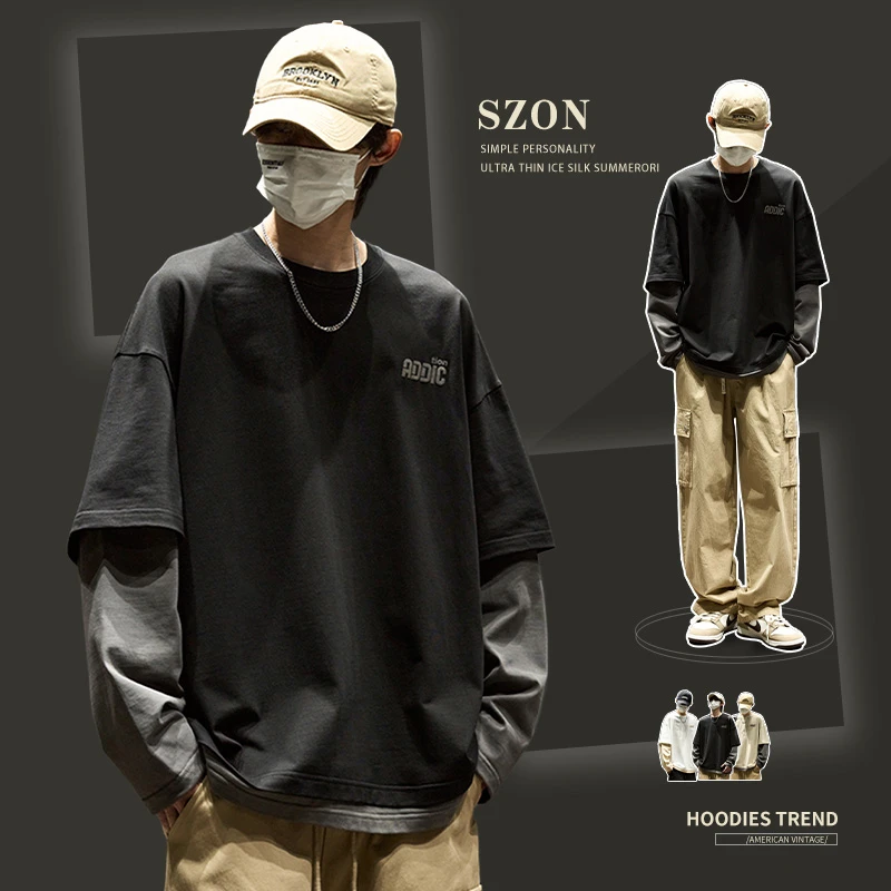 长袖t恤男秋冬新款美式高街圆领加绒打底衫重磅宽松假两件卫衣ins