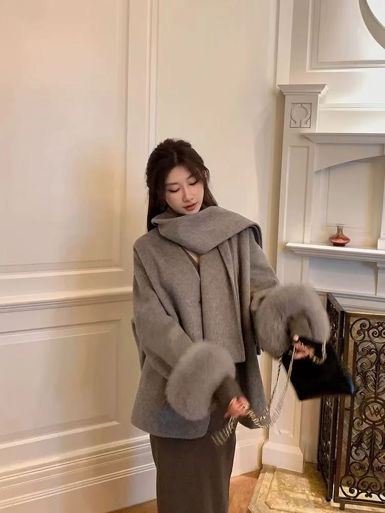 2024新款【Z.S】围巾毛双面大衣短款千金呢外套女高级感秋冬