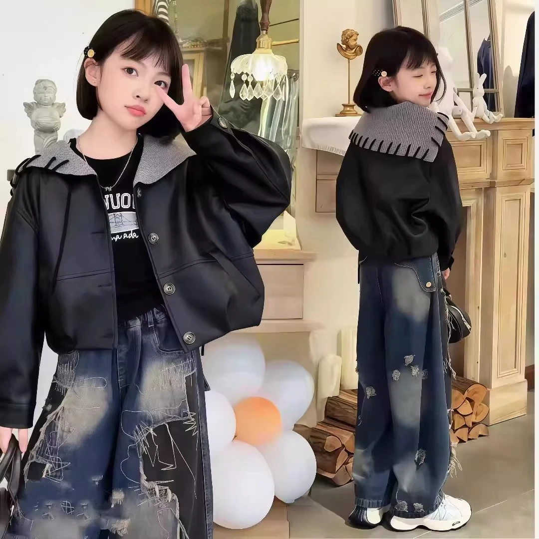 女童2025春秋新款扎染破洞牛仔裤秋季复古皮衣外套酷飒机车服套装