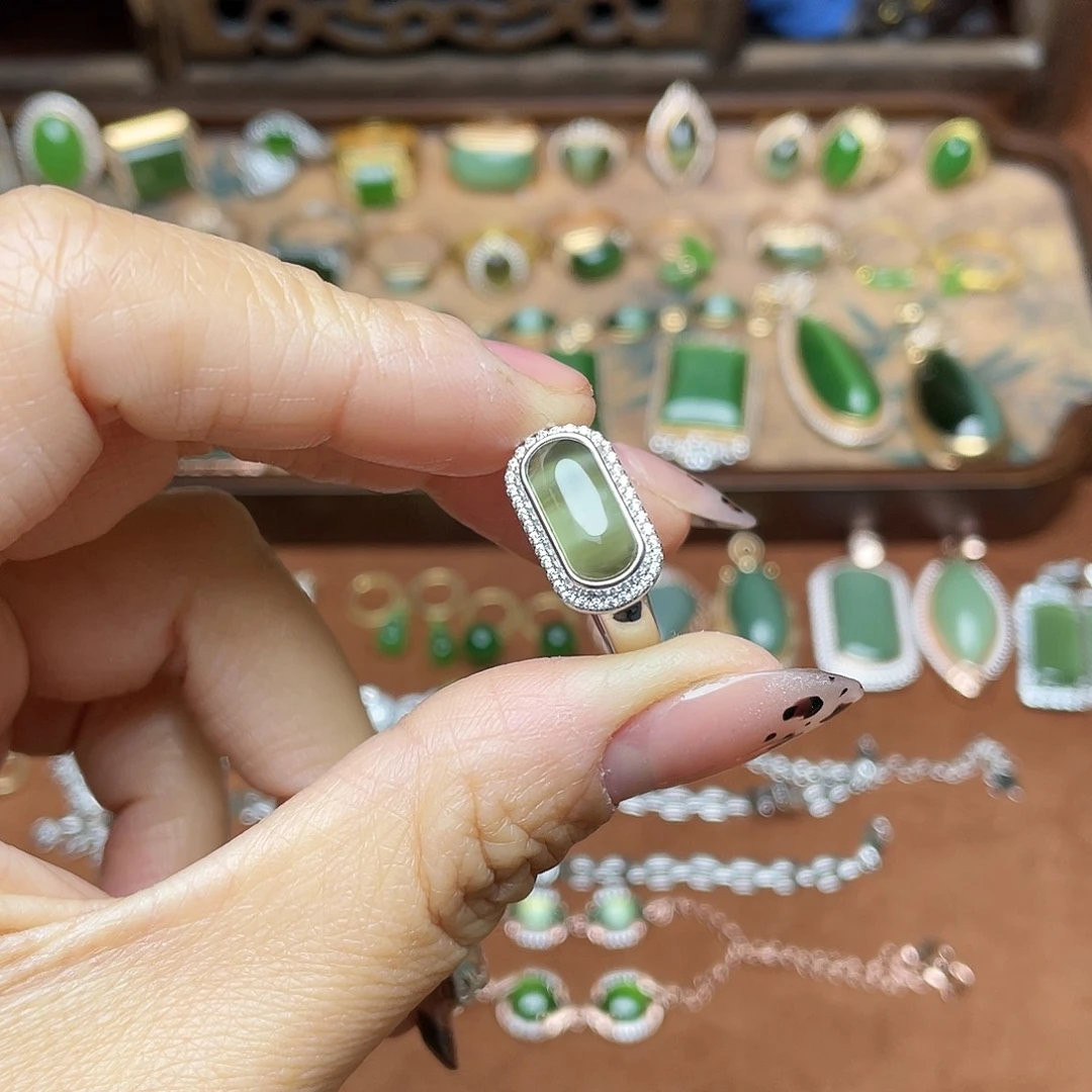 和田玉（碧玉）银S925镶嵌吊坠(不含链)戒指