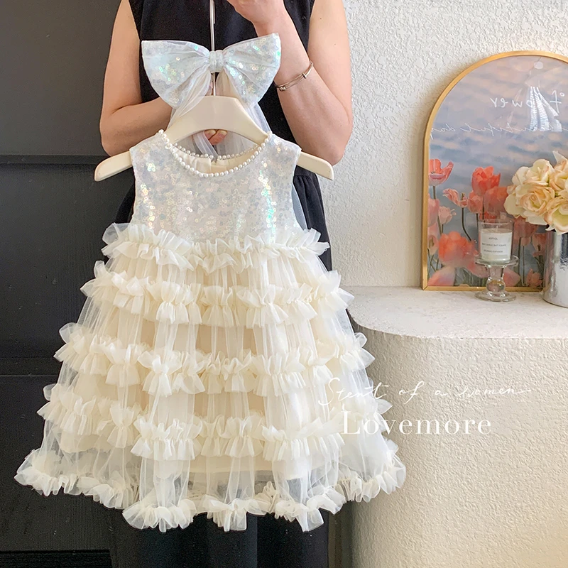 2025夏“浅月温柔”韩版女童无袖亮片珍珠蛋糕裙A25001