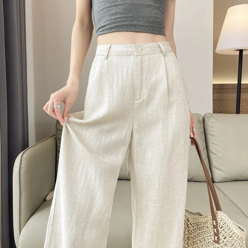 高质感天丝亚麻阔腿裤女2025夏薄款透气宽松垂感直筒休闲裤