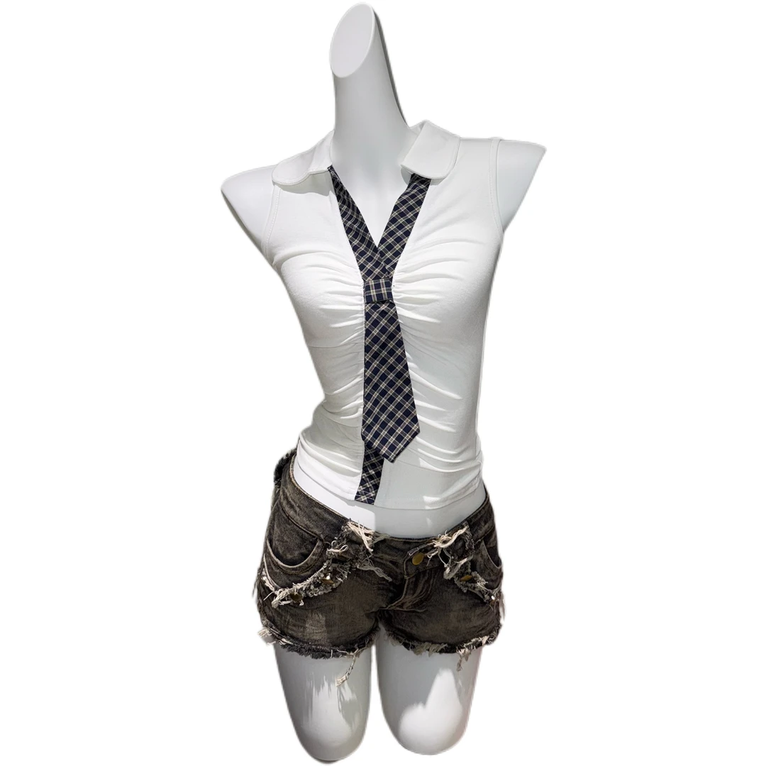 【市市推荐】白色拼接格子领带无袖背心吊带夏季气质修身显瘦上衣