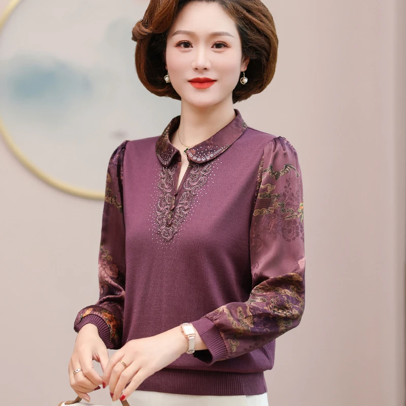 时尚妈妈装翻领烫钻长袖T恤衫秋装新款洋气春秋季小衫中老年上衣