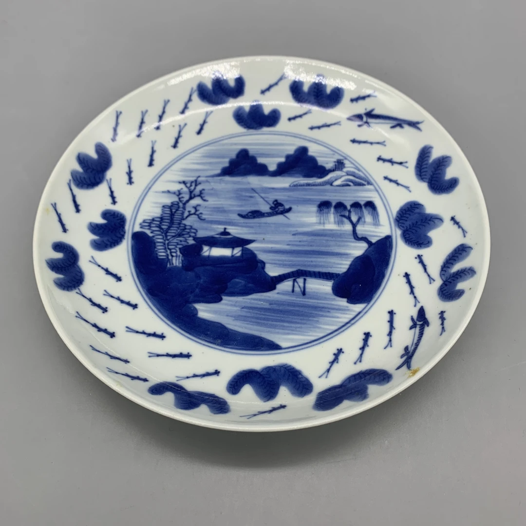 92512004*清道光青花山水纹盘/瓷器九/江苏省文物总店/MM
