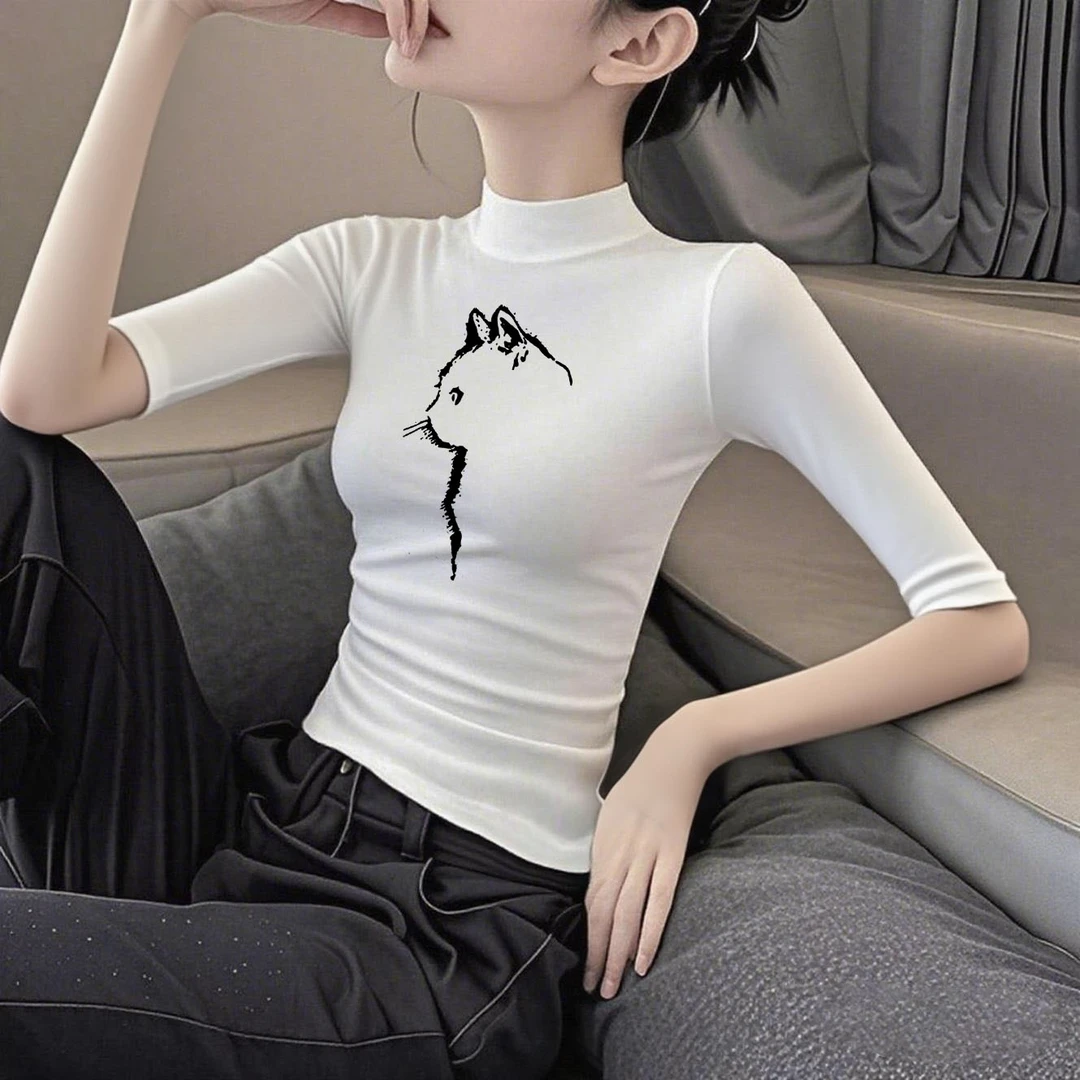 黑色中袖t恤女春秋新款印花打底衫内搭莫代尔半高领薄款百搭上衣