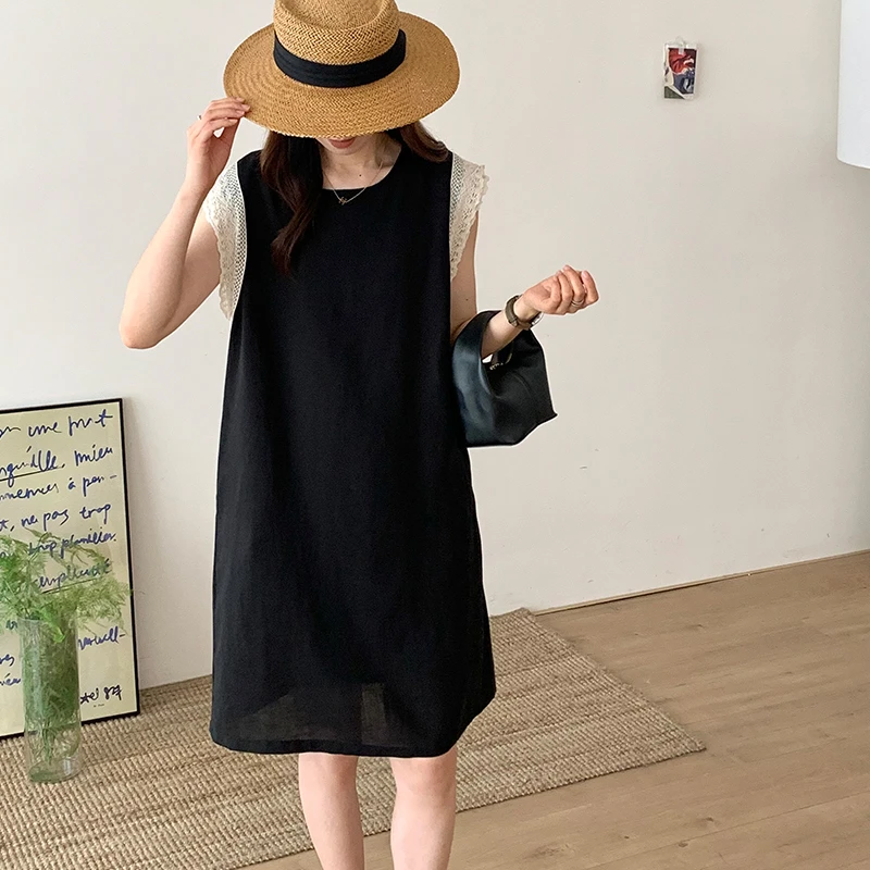 设计感天丝亚麻圆领拼接花边袖口连衣裙2025夏季新款显瘦l连衣裙T