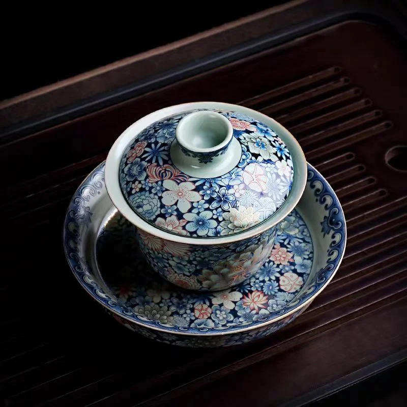 SD复古陶泥掐丝牡丹三才盖碗家用大容量岩茶泡茶碗E  681
