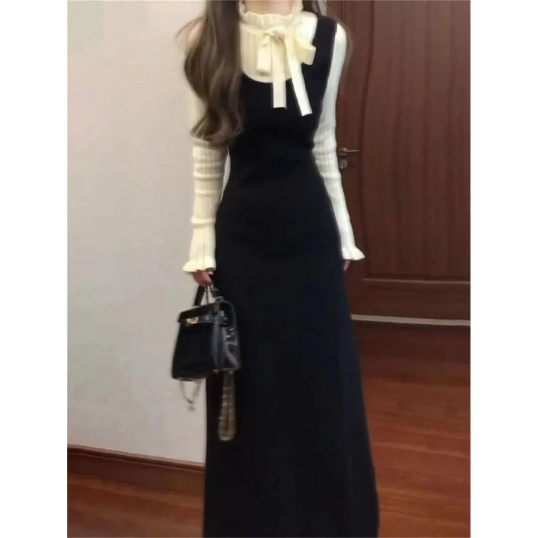 法式名媛风蝴蝶结假两件拼接连衣裙女秋冬季气质收腰过膝A字长裙