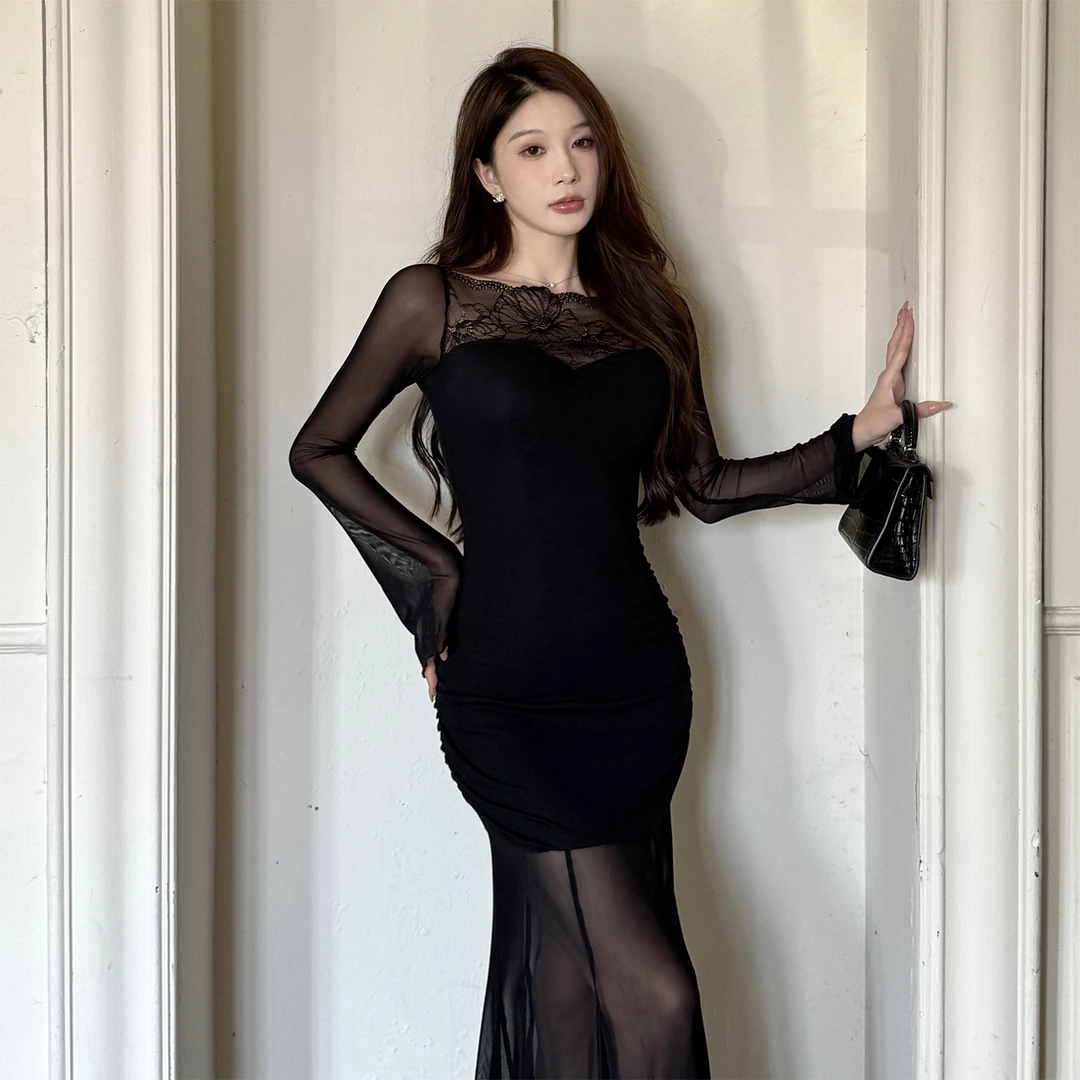 法式御姐气质网纱蕾丝拼接连衣裙2025秋季新款气质显瘦包臀长裙