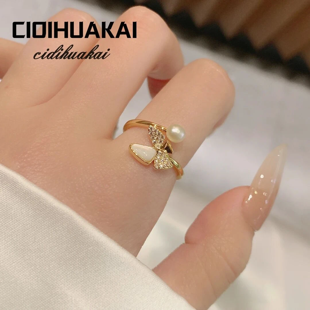 铜合金合成锆石戒指 9360蝴蝶珠珠开口戒指