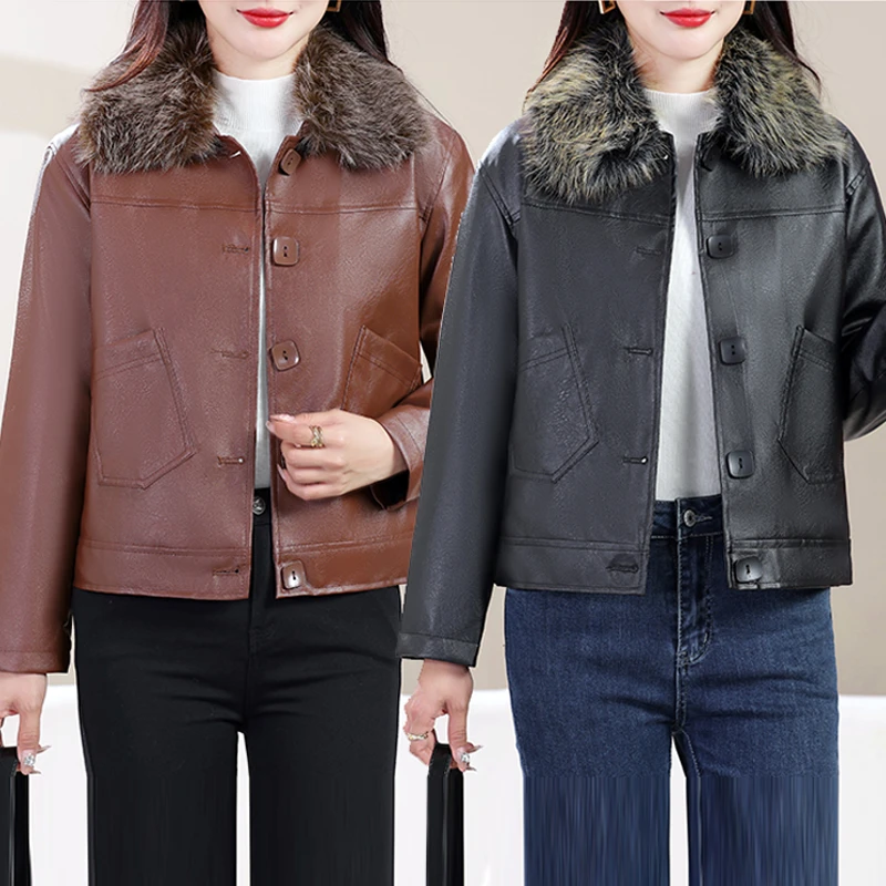 排扣加绒加厚毛领可拆卸韩版女士皮衣外套JQ