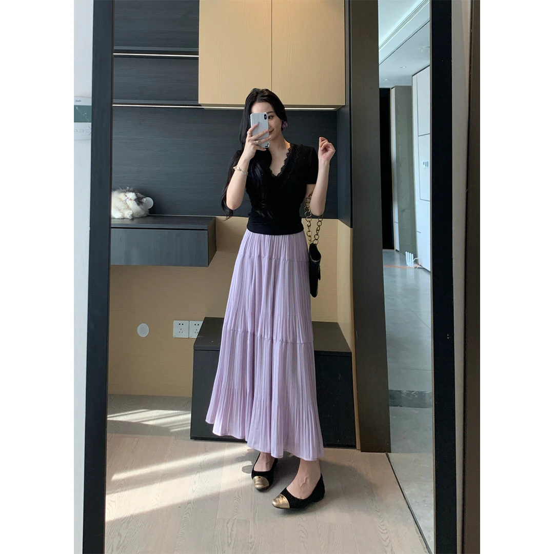 XINYI【风琴月光】夏季高腰雪纺半身裙女收腰显瘦裙X625G01768-1