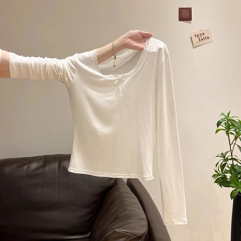 初秋季新款德绒打底衫小众蕾丝边圆领长袖T恤女修身短款内搭上衣