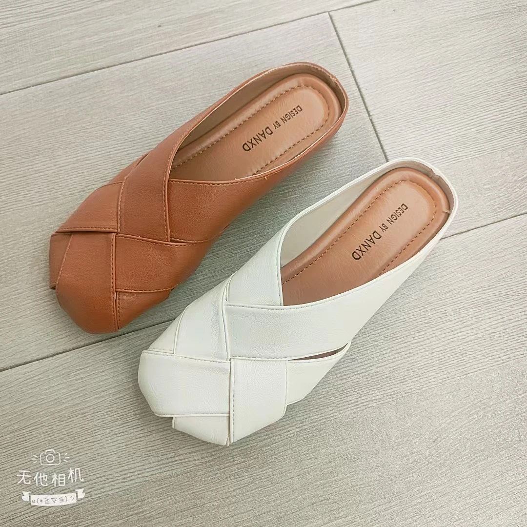 日常低跟(1-3cm)编织包头包头拖韩版软底复古赫本风