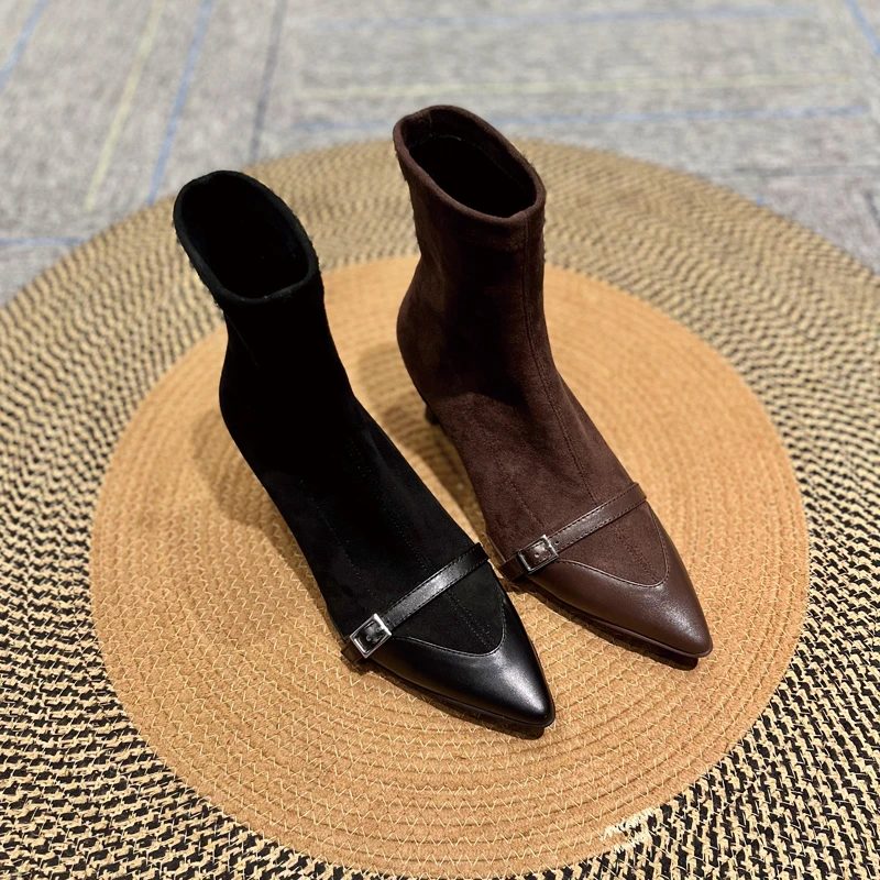 跟高5.5cm/秋冬气质尖头高跟短靴女粗跟弹力靴瘦瘦靴袜靴时尚