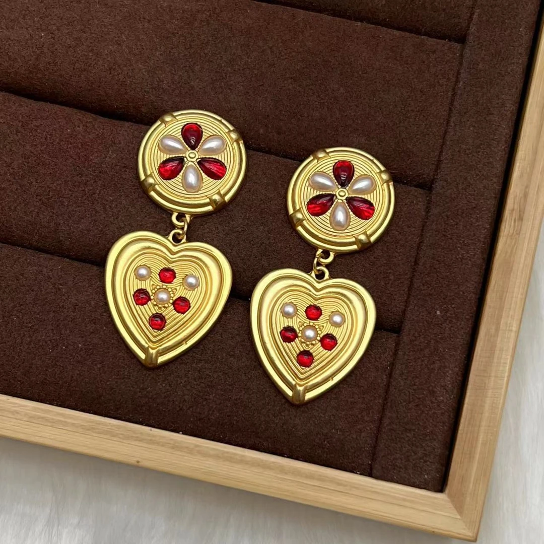 合金亚克力耳饰 远远（YY088） 时尚百搭气质耳钉红色复古款