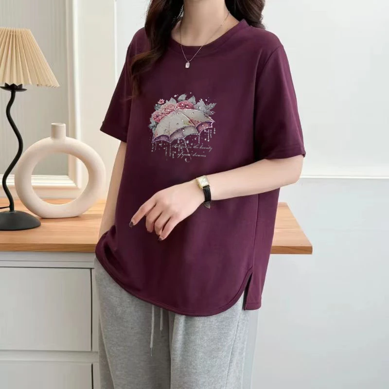 2025短袖宽松型吸汗印花圆领T恤韩版百搭大码胖mm宽松休闲显瘦
