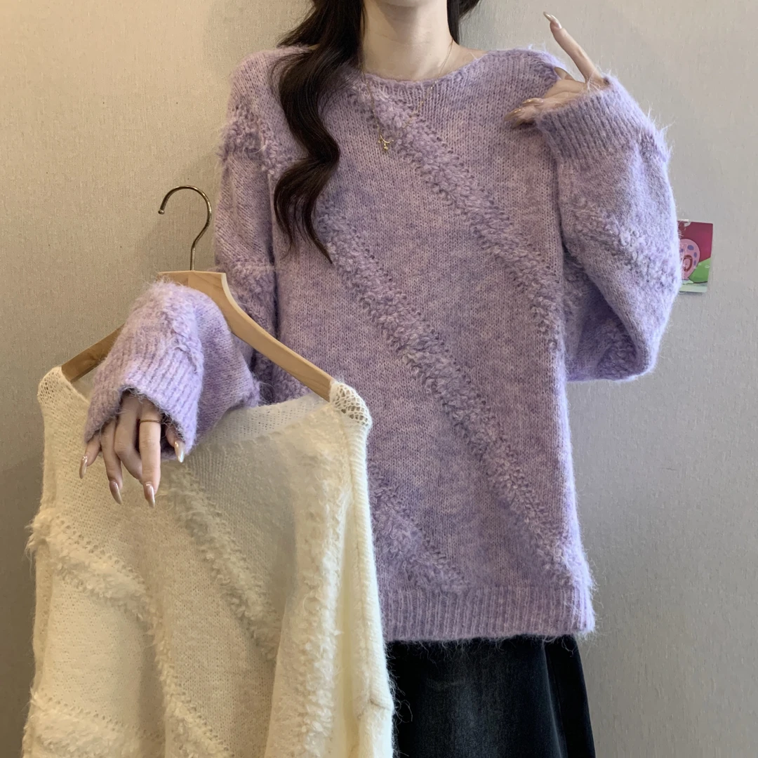 慵懒风软糯长袖针织衫女2025秋冬新款大码胖mm气质宽松显瘦毛衣
