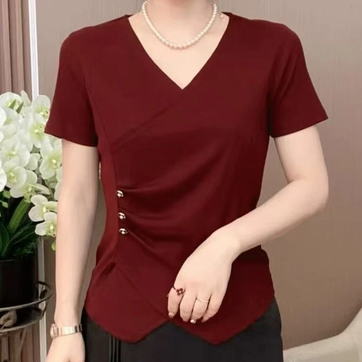 短袖小衫纯色休闲风V领韩版抗起球T恤修身夏装显瘦复古风上衣女