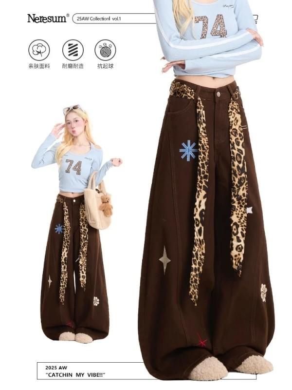 美式豹纹腰带刺绣女秋冬加厚高街宽松阔腿裤垂感显瘦弯刀裤