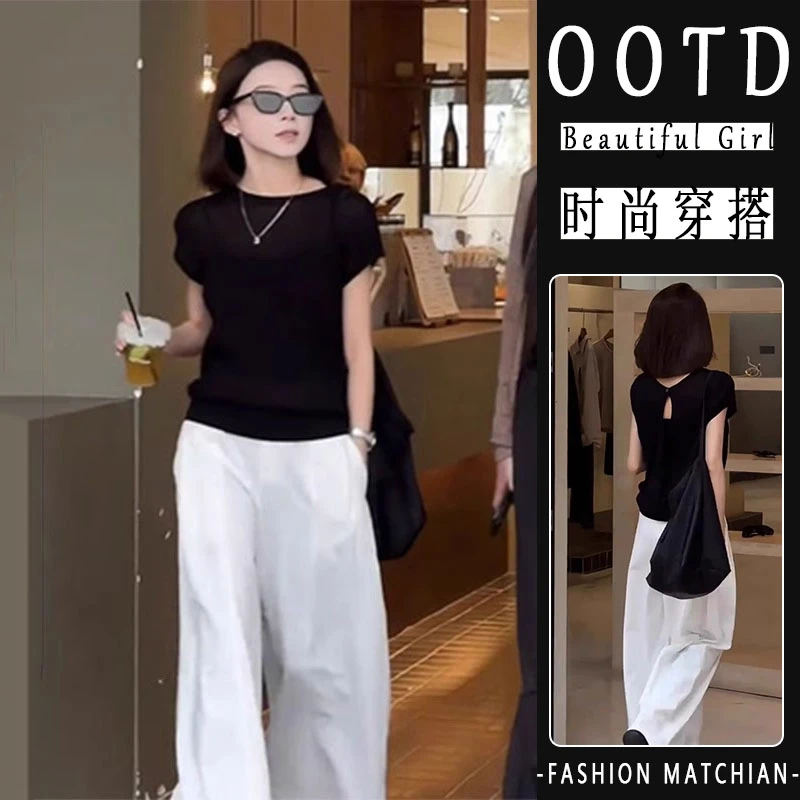 设计感后背镂空短袖针织T恤时尚宽松百搭高腰阔腿裤欧美炸街套装