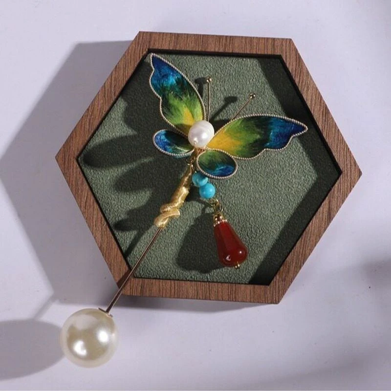 锌合金羽毛胸针 千里江山色蝴蝶蚕丝掐丝绒花胸花胸针小众设计日