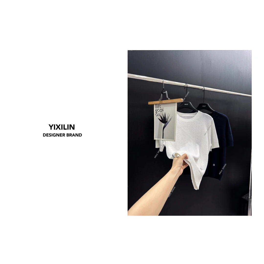 YIXILIN 圆领质感和纸纱短袖宽松百搭套头针织衫