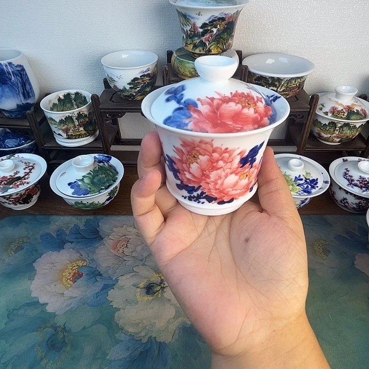 忠意堂釉下彩红牡丹盖碗微瑕不退