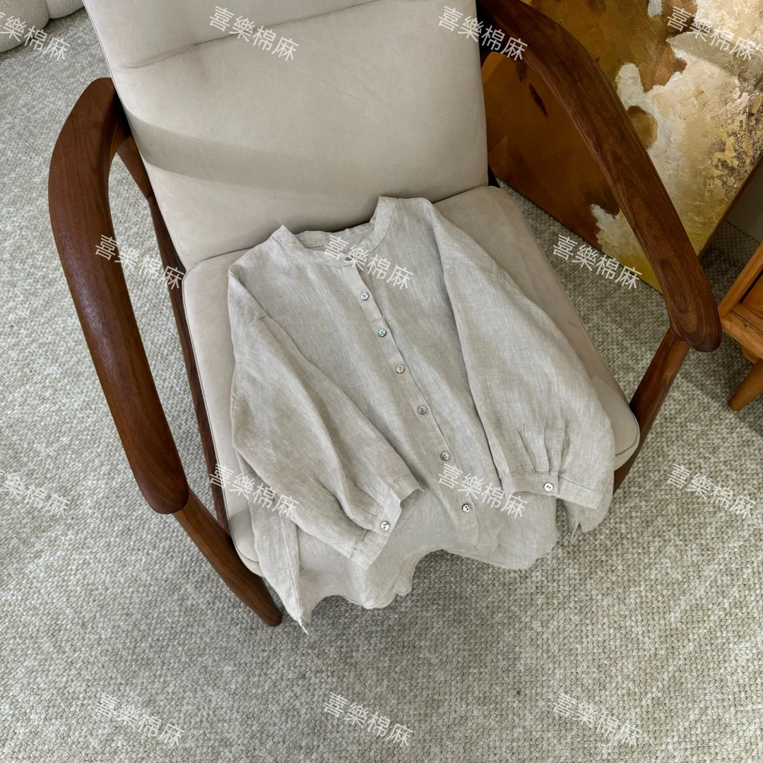 喜樂  2025汉麻圆领纯色单排扣衬衫夏季新款时尚百搭简约文艺小众