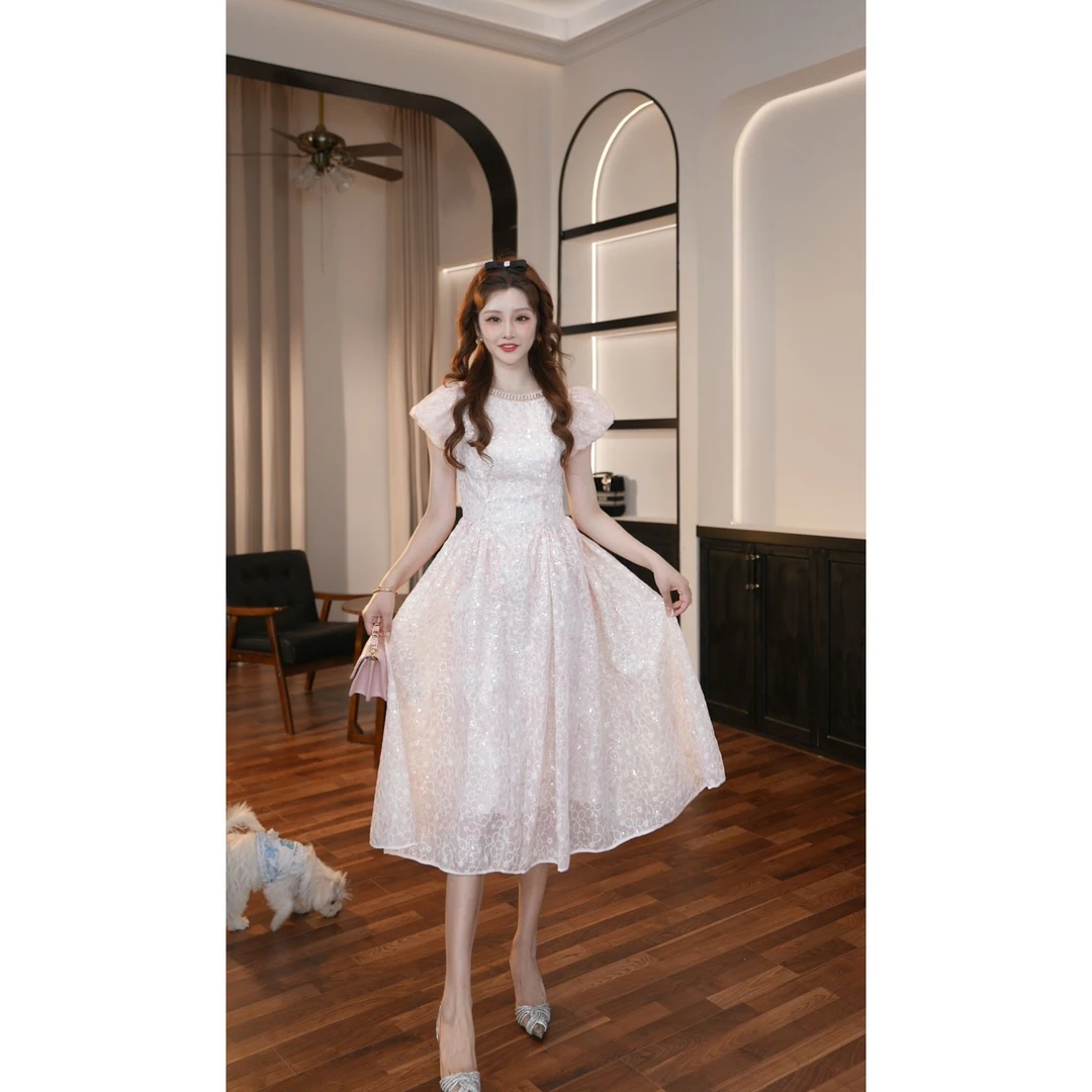 【晚晚定制】新款气质名媛法式重工亮片显瘦高腰大摆连衣裙45147