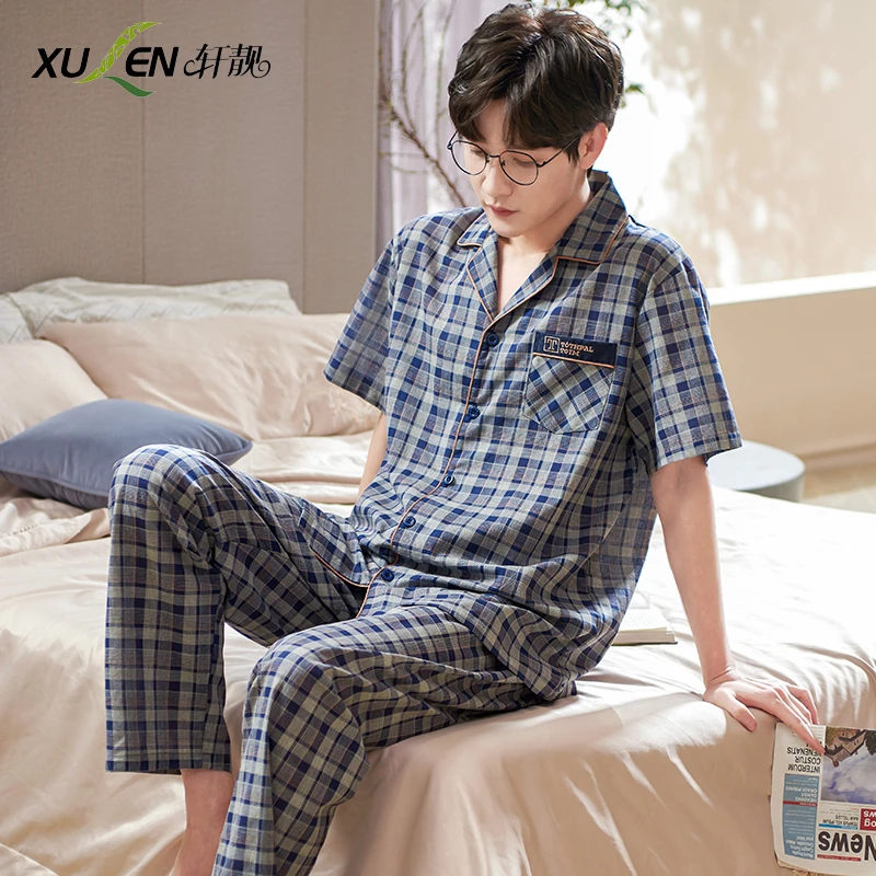 【梭织棉】睡衣男士夏季薄款短袖长裤全棉布大码宽松男式夏天家居服