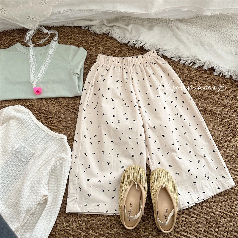 2025春夏秋儿童韩版碎花直筒长裤女童宝宝棉质清新松紧腰裤子洋气