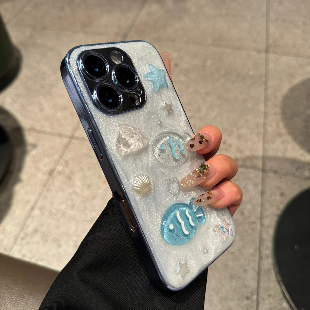 立体滴胶奶油贝壳小鱼适用iPhone16Promax苹果15手机壳14滴胶13硬