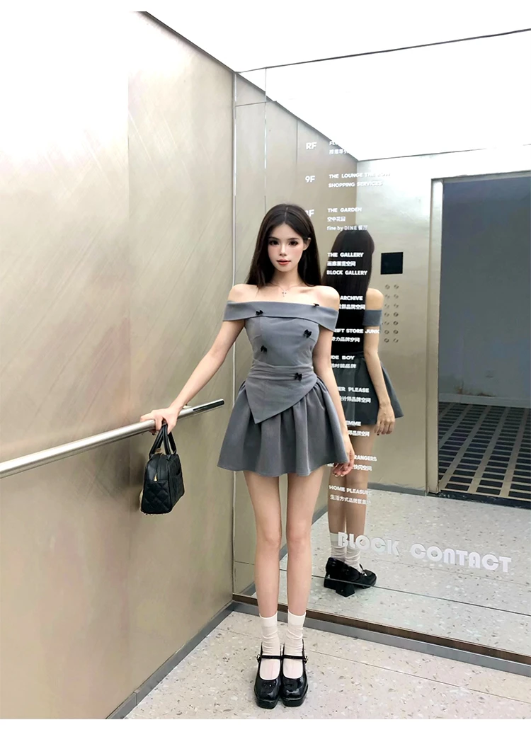 纯欲辣妹套装两件套蝴蝶结设计收腰显瘦一字肩不规则上衣女半裙子