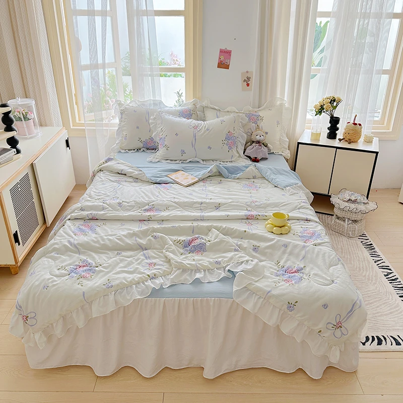2025新款泡泡纱柔软亲肤空调被花边床裙款夏被四件套夏凉被可机洗