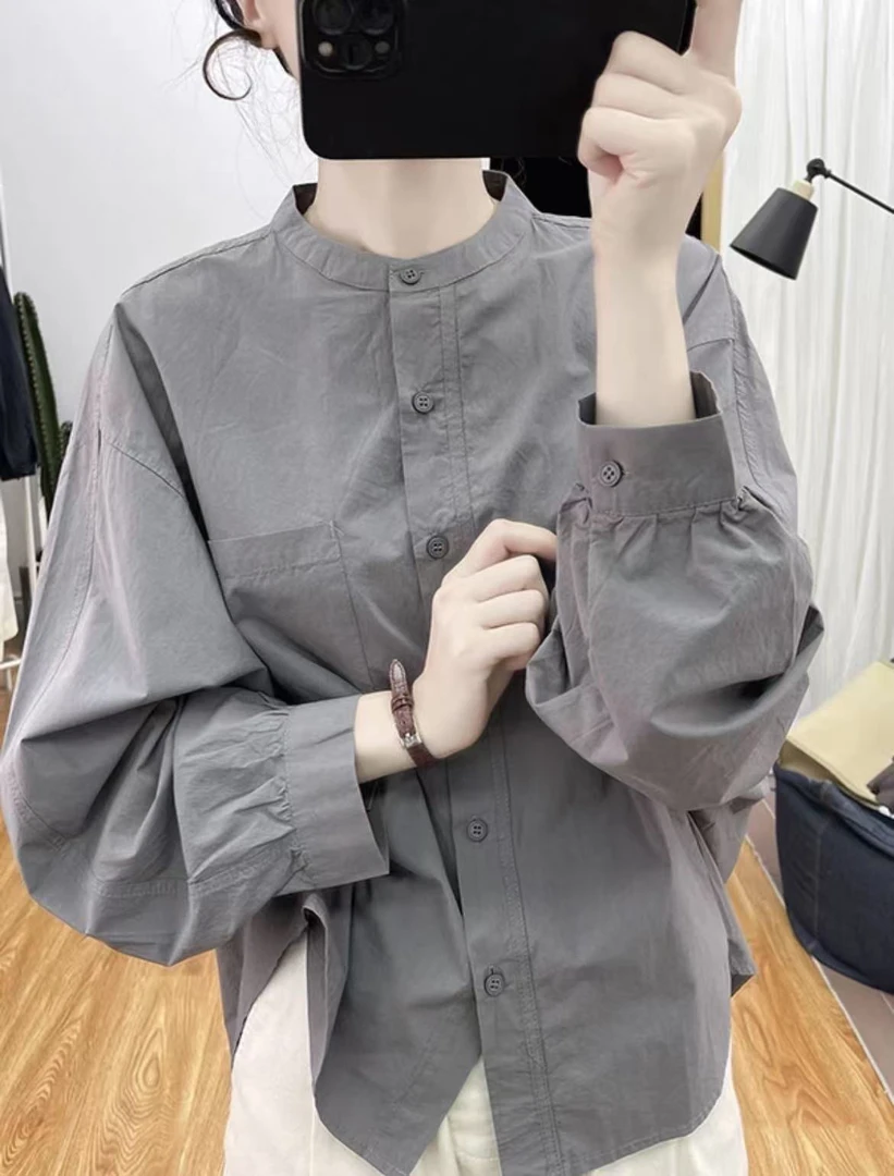 春季新款感蝙蝠袖小立领长袖衬衫女宽松上衣2024新款打底衬衣