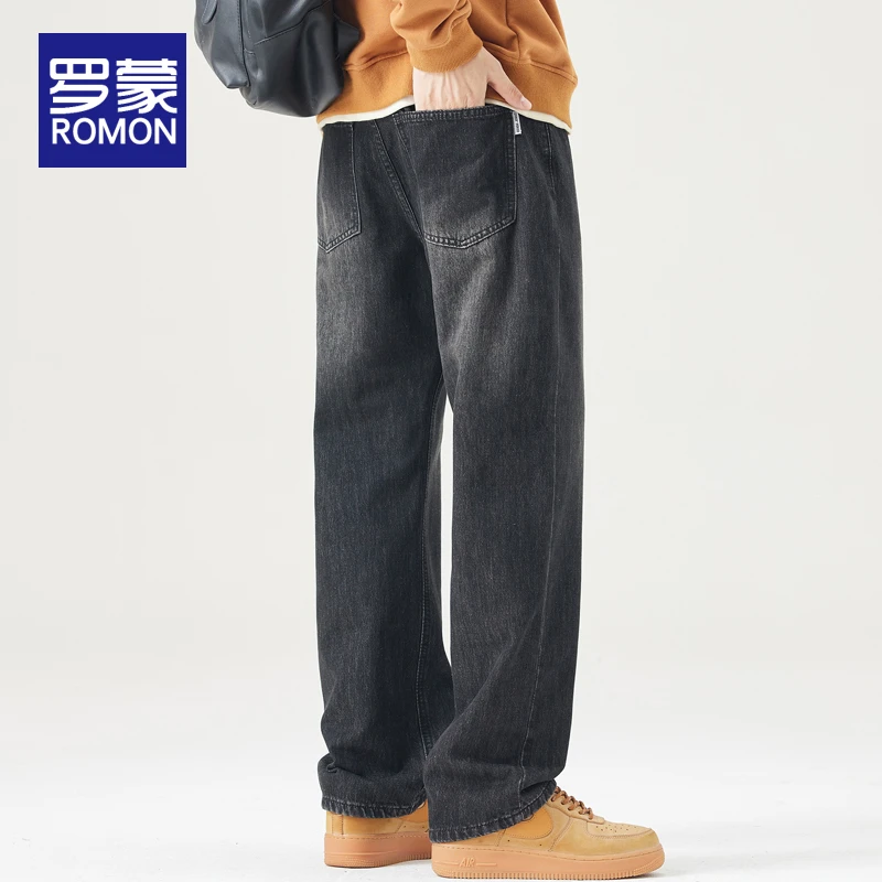 罗蒙男士阔腿牛仔裤男宽松直筒男裤秋季复古休闲潮牌裤子春秋男款