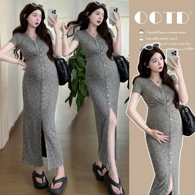 时尚孕妇夏季新款连衣裙气质辣妈设计感开叉中长款包臀过膝连衣裙