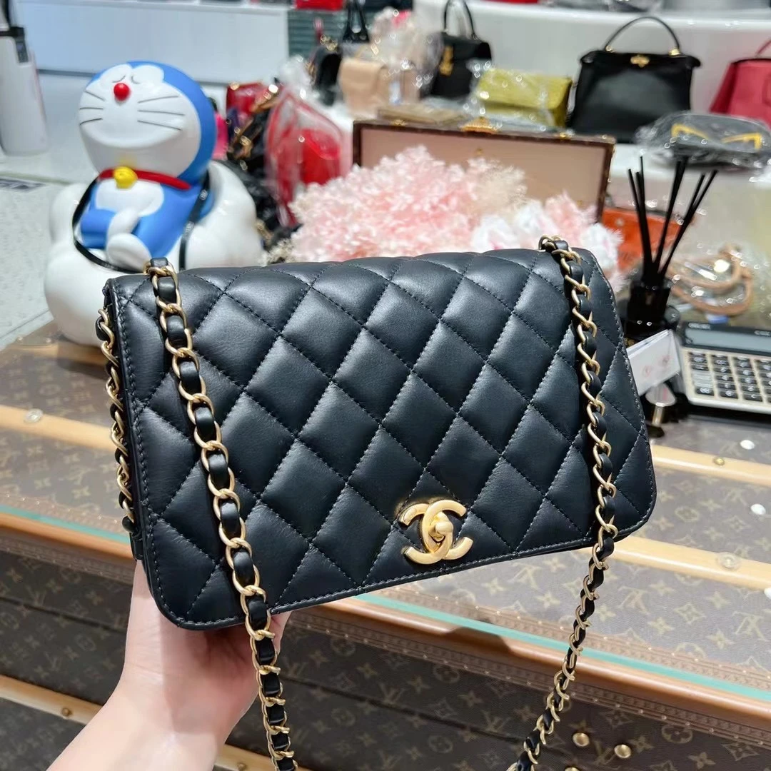 99新 Chanel/香奈儿 黑金羊皮单肩链条包！26开头