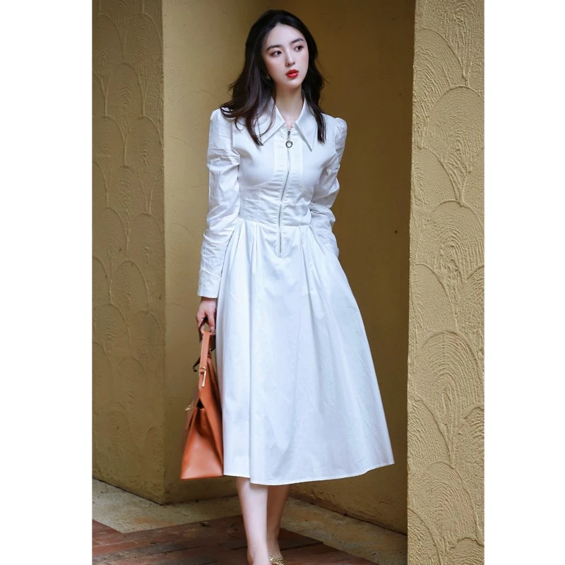 JUJU白色衬衫式收腰连衣裙女大摆气质通勤显瘦小众高级感长裙裙子