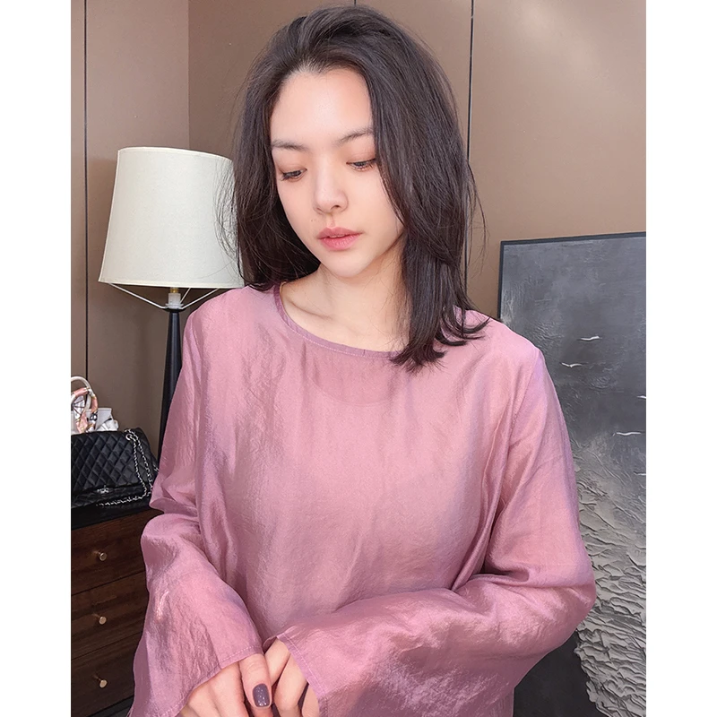 欧韩童话【彩虹冰纱】新款气质外搭复古纯色百搭圆领轻纱长袖小衫