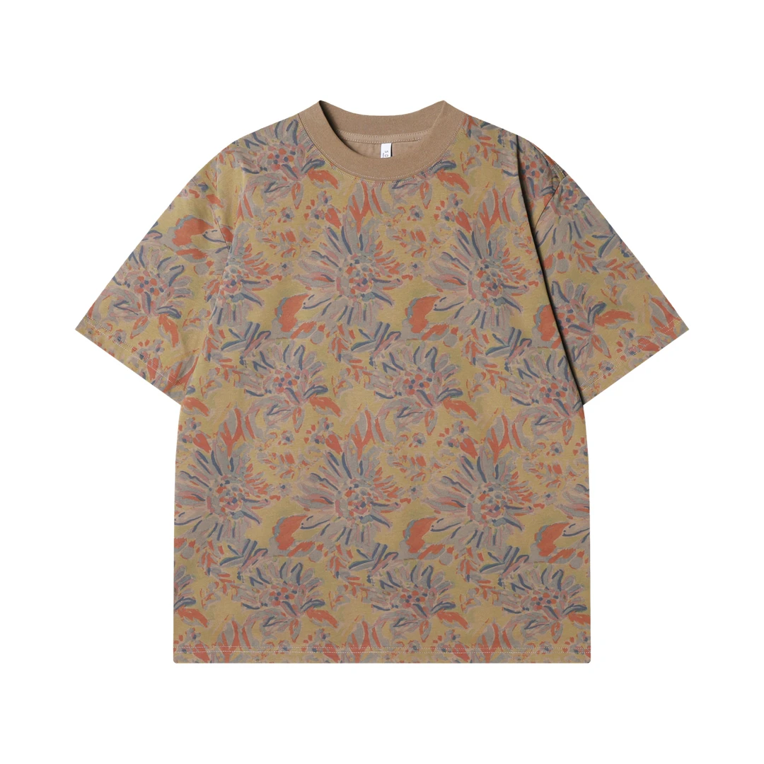 T3168夏季高级感潮牌彩色花卉圆领短袖T恤时尚复古提花男士上衣