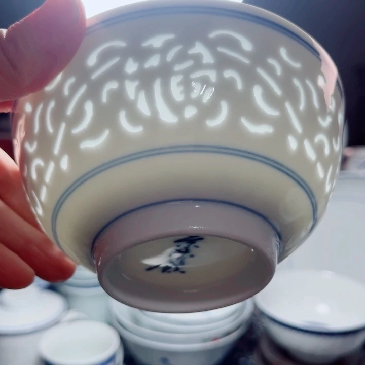 青花玲珑5寸饭碗满雕双福双线