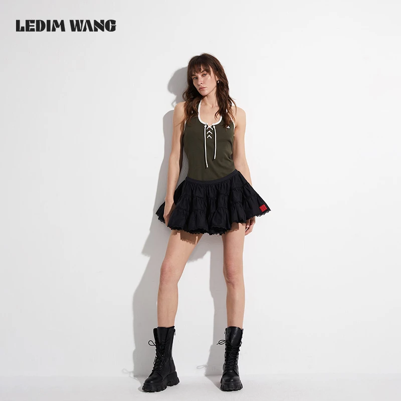 LEDIM WANG黑色蕾丝花边拼接蓬蓬裙原创小众设计修身a字半身裙女