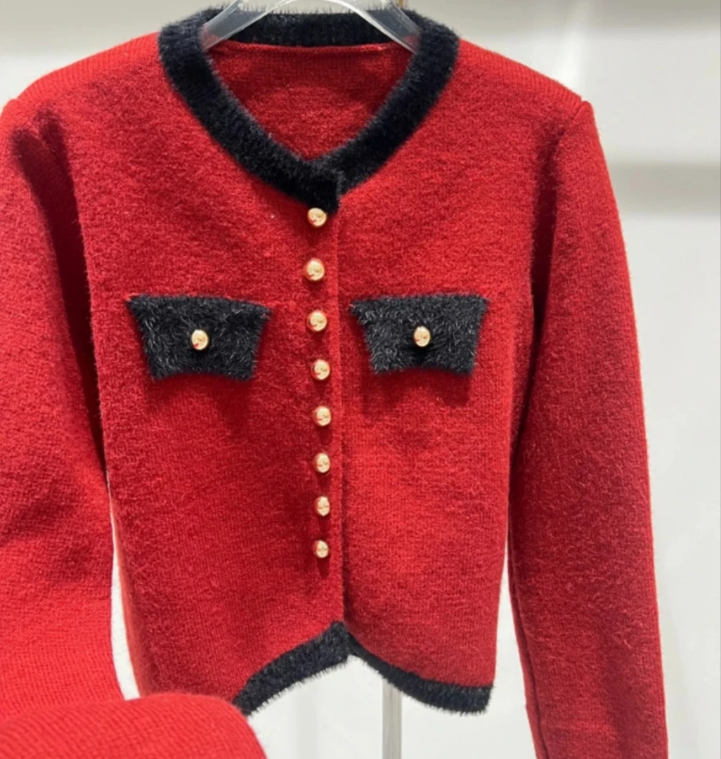 新款小香风氛围感高级短款针织开衫外套女撞色单排扣毛衣上衣A