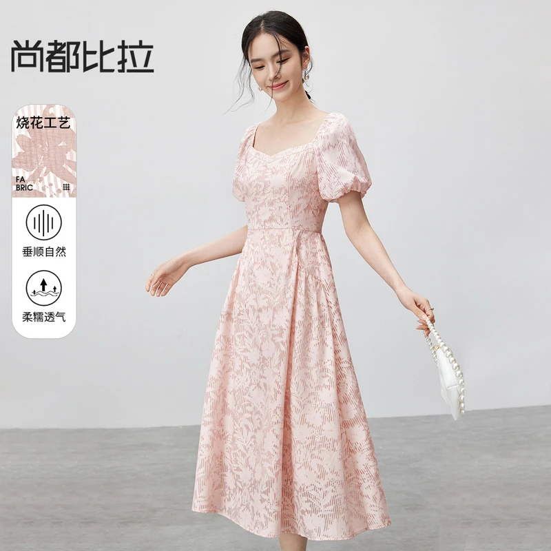 浪漫细腻度假风正式烧花工艺面料钻石领显瘦减龄连衣裙55195