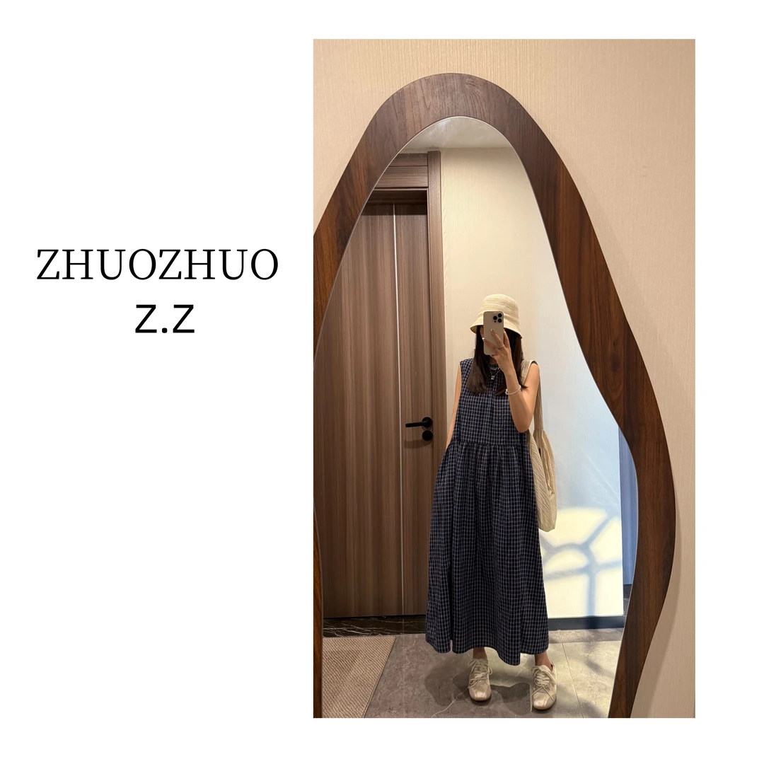【ZHUOZHUO专属】“青屿白叙”日系藏青格子宽松显瘦无袖背心款连衣裙